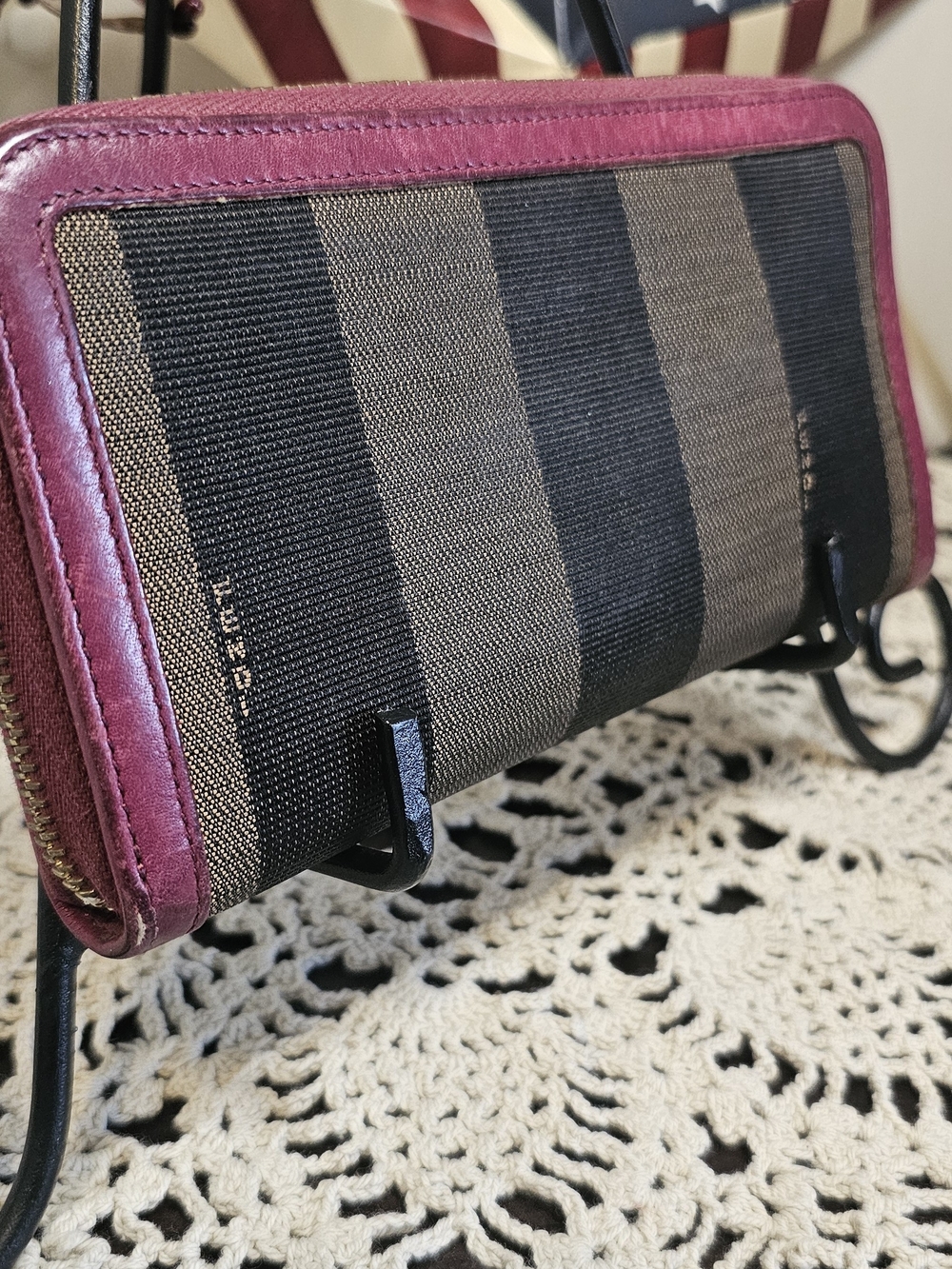Fendi Striped Canvas Zip-Around Wallet with Burgundy Leather Trim - Picture 2 of 10